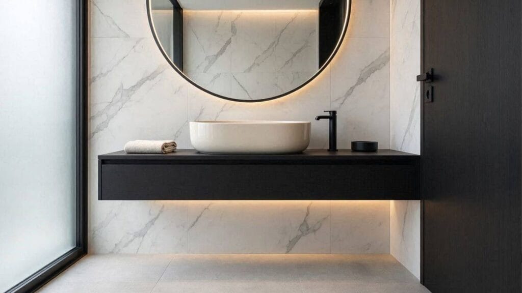 Small black and white bathroom with an oversized round mirror and floating vanity.