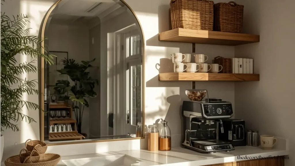 Modern coffee bar ideas for home featuring an arched mirror, floating wooden shelves, woven baskets, ceramic mugs, and elegant neutral decor.