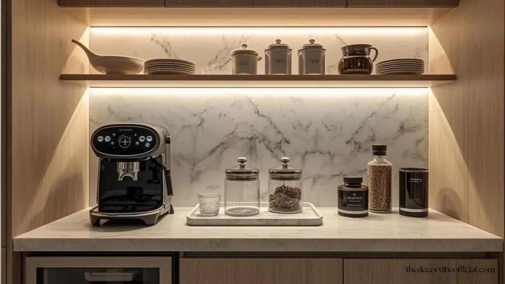 Modern coffee bar ideas for home featuring LED shelf lighting, marble tray, glass storage jars, and elegant neutral decor.