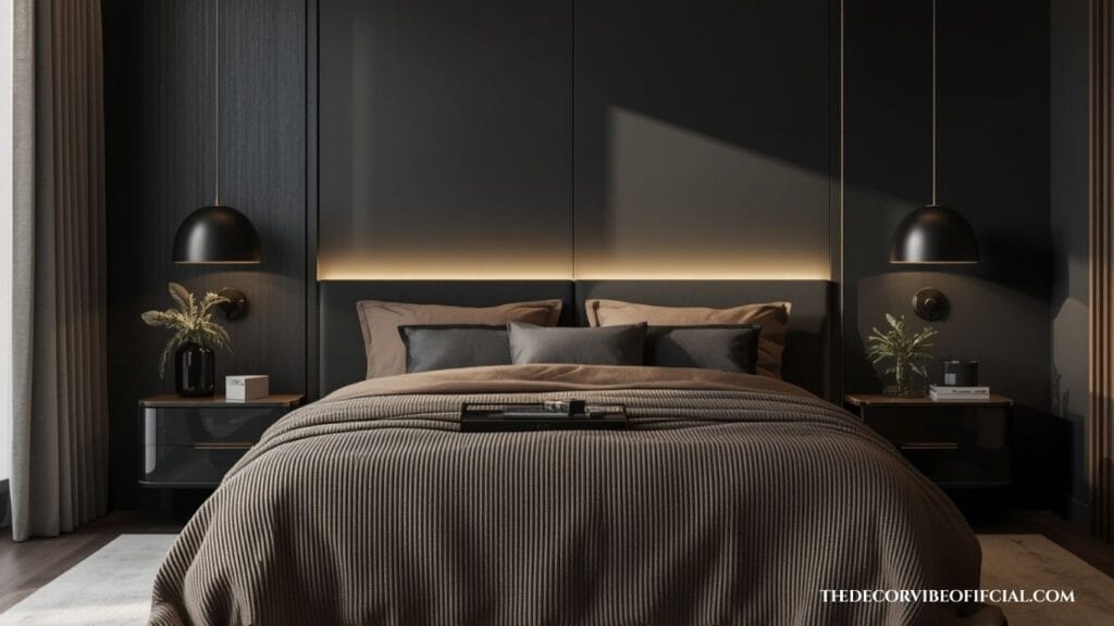 Cozy bedroom interior featuring a dark color palette, warm golden accent lighting, and comfortable brown bedding.