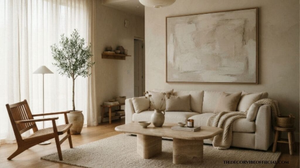 Elegant Japandi living room featuring natural wood furniture and soft neutral textures.