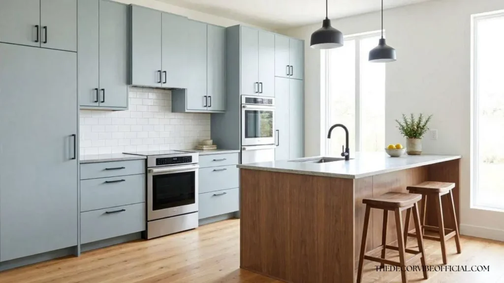 Modern light blue kitchen cabinets with walnut island and black hardware