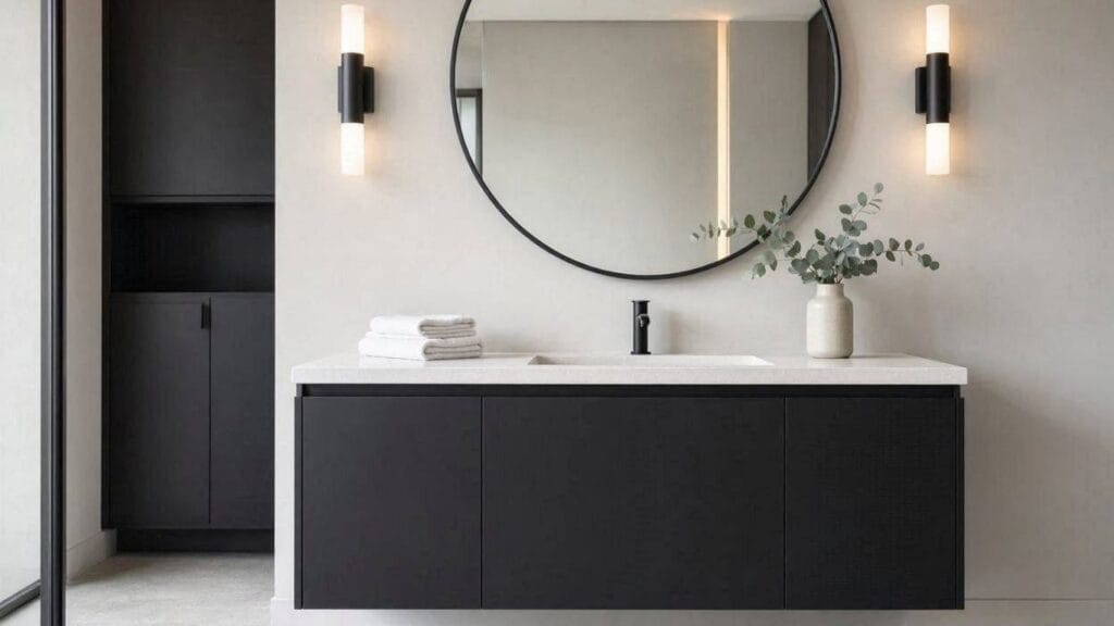 Modern black and white bathroom with a floating matte black vanity and white quartz countertop.
black and white bathroom ideas