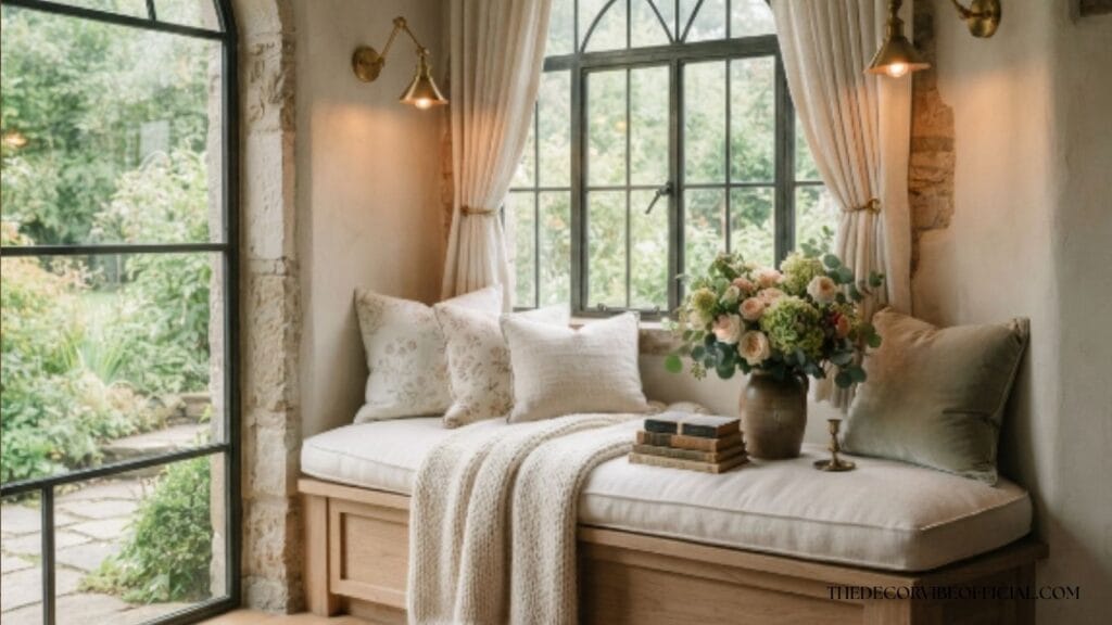 Modern organic window reading nook with English cottage charm and layered neutral decor.