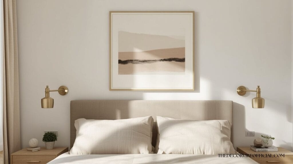 Modern wall art ideas with soft abstract art above a bedroom headboard