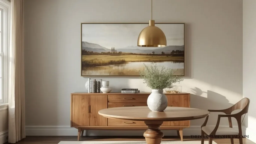  Modern wall art ideas with a large landscape piece above a dining room sideboard
