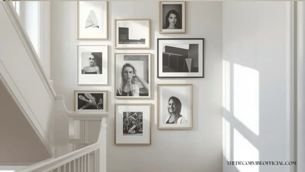 Modern wall art ideas in a curated gallery wall along a staircase