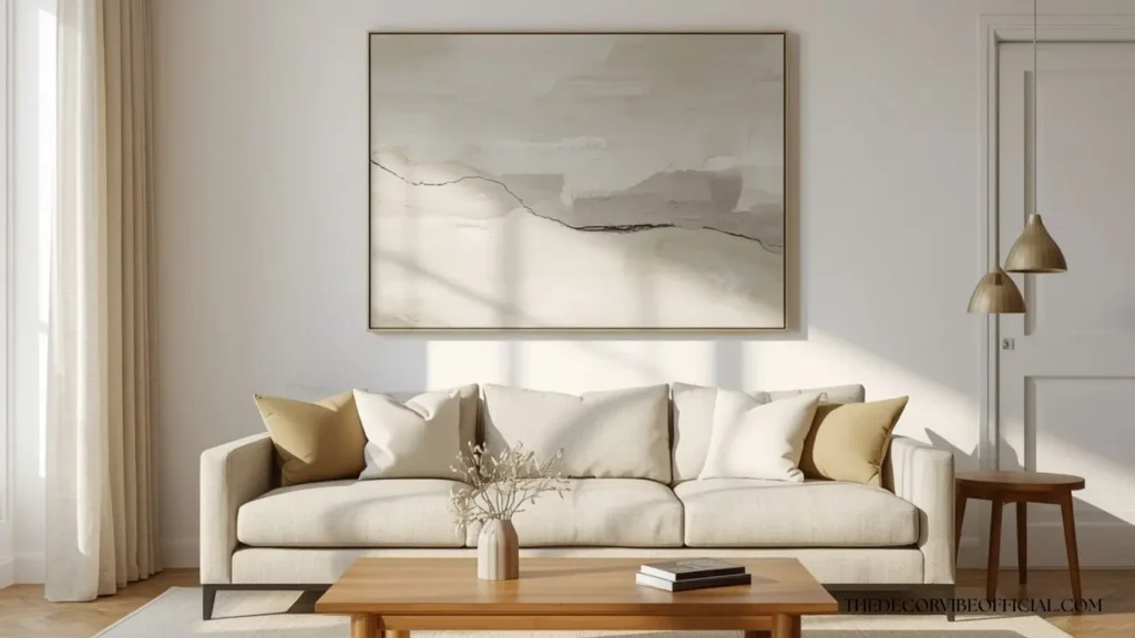 Modern wall art ideas featuring an oversized abstract canvas above a living room sofa