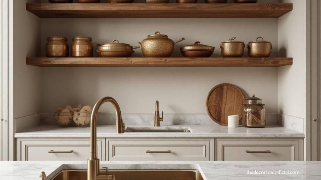 Antique kitchen decor with brass details, marble, and wooden shelves