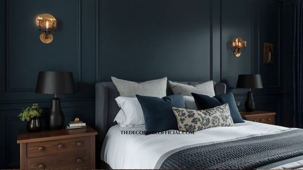 Luxury moody blue bedroom featuring black accents, walnut furniture, and layered white bedding.