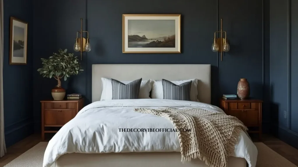Luxury bedroom with deep blue limewash walls, layered linen bedding, walnut furniture, and warm brass lighting.