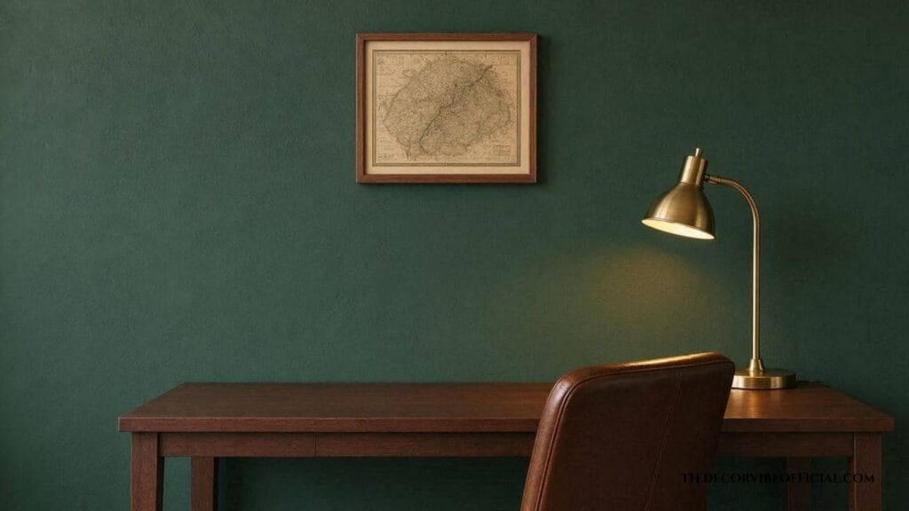 Moody masculine home office decor idea with green wall and leather chair