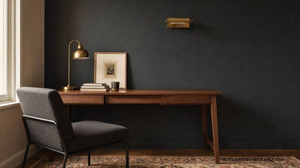 moody home office corner ideas with charcoal wall