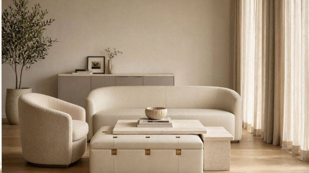 Luxury small living room with multifunctional furniture and hidden storage solutions.