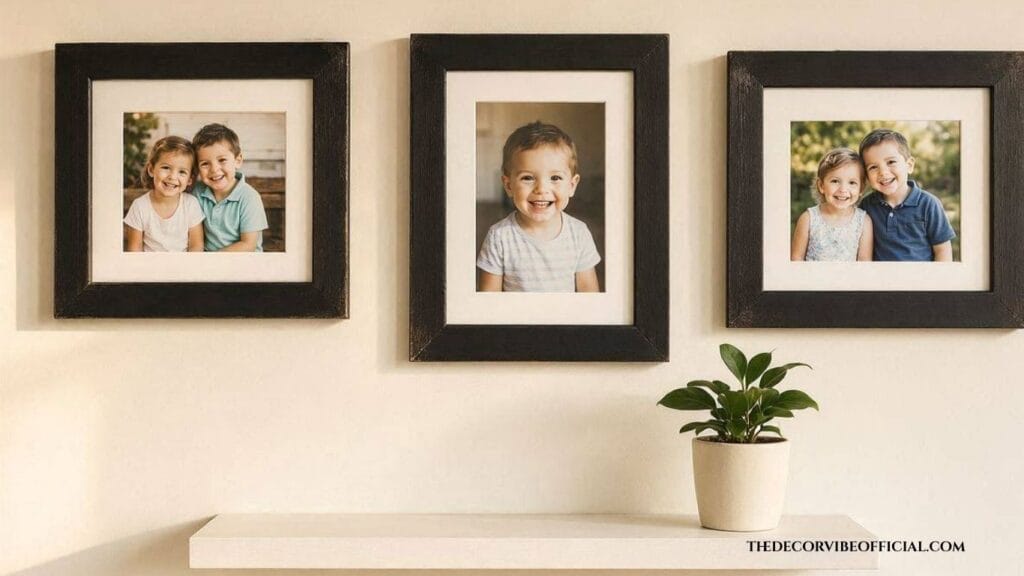 Budget-friendly home office wall decor idea with thrifted frames