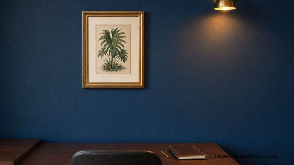 Moody navy home office wall decor idea with brass sconce