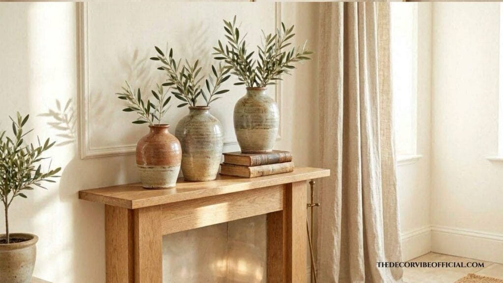 Neutral fireplace mantel decorated with ceramic vases, olive branches, and timeless luxury home decor.