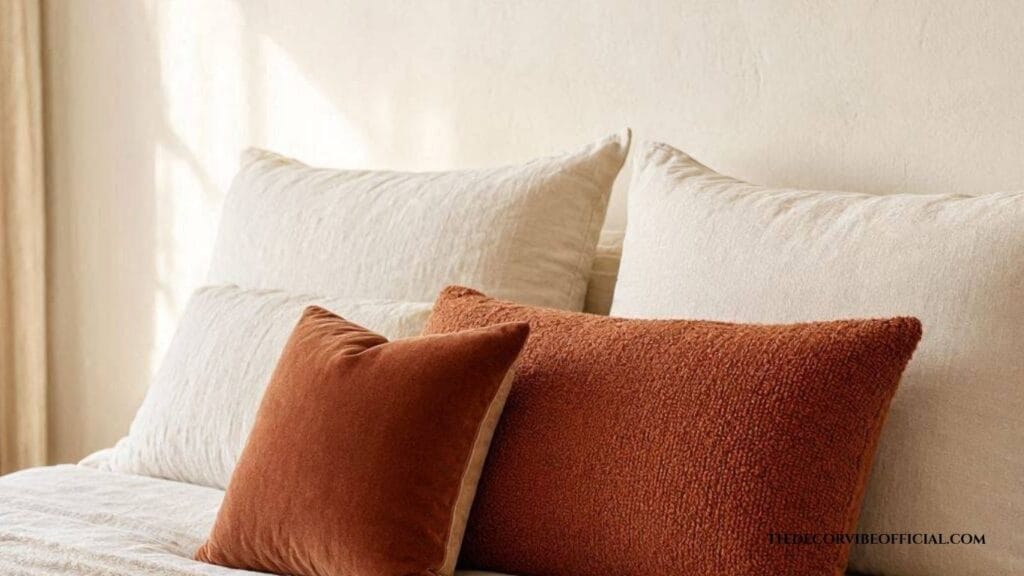 Neutral linen pillows mixed with rust and velvet accents on a bed without a headboard
