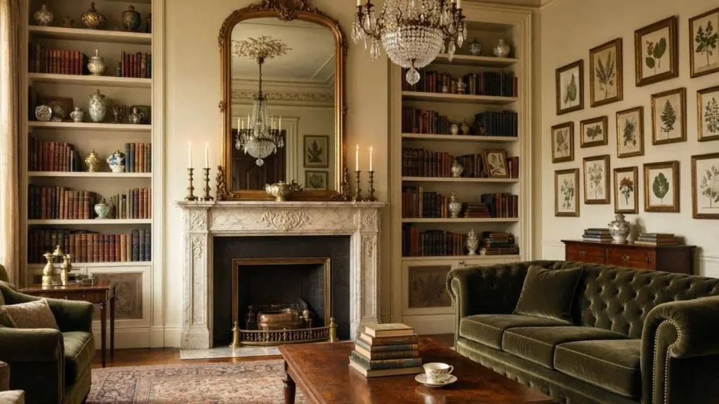 Old Money Living Room Ideas featuring an elegant English country living room with a green Chesterfield sofa, marble fireplace, antique bookshelves, Persian rug, and timeless luxury decor.
