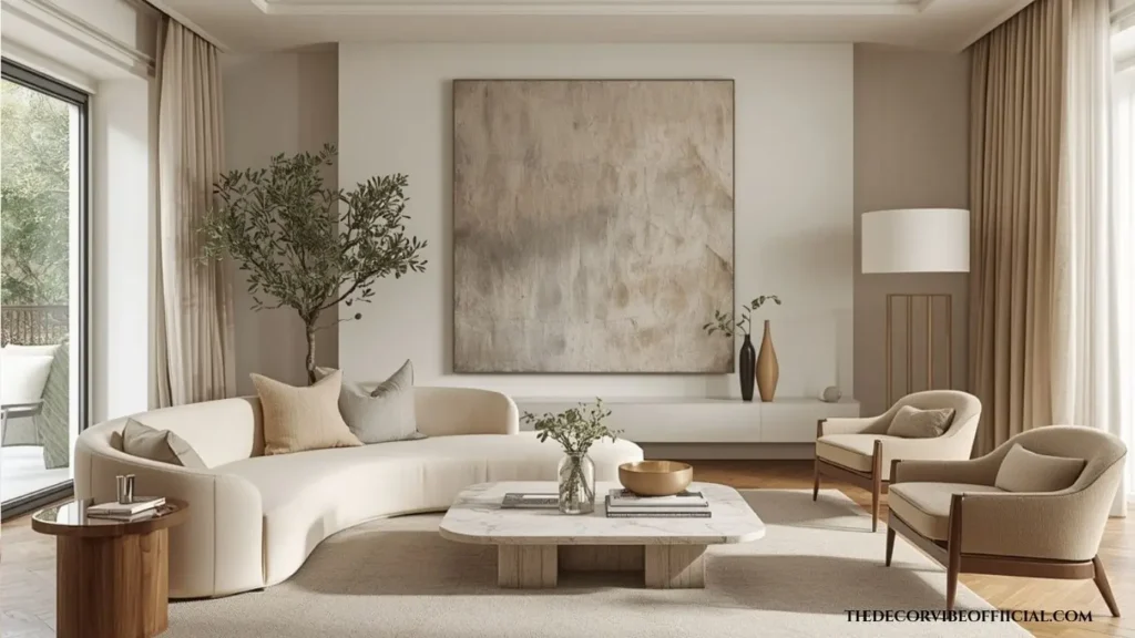 Organic modern luxury living room with natural textures and elegant designer furniture.