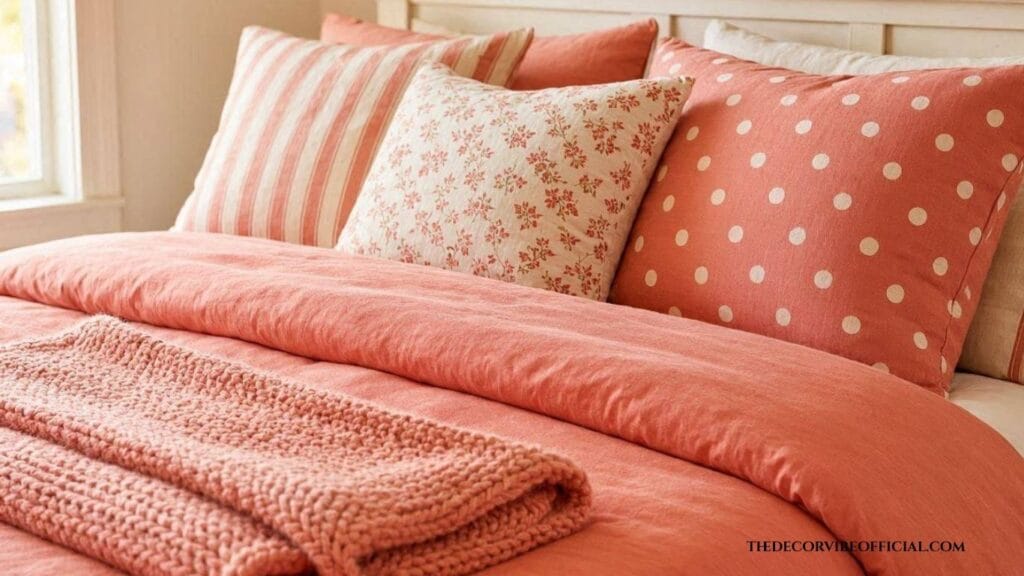 Mixed pattern pillows and layered textures on a dopamine decor bed