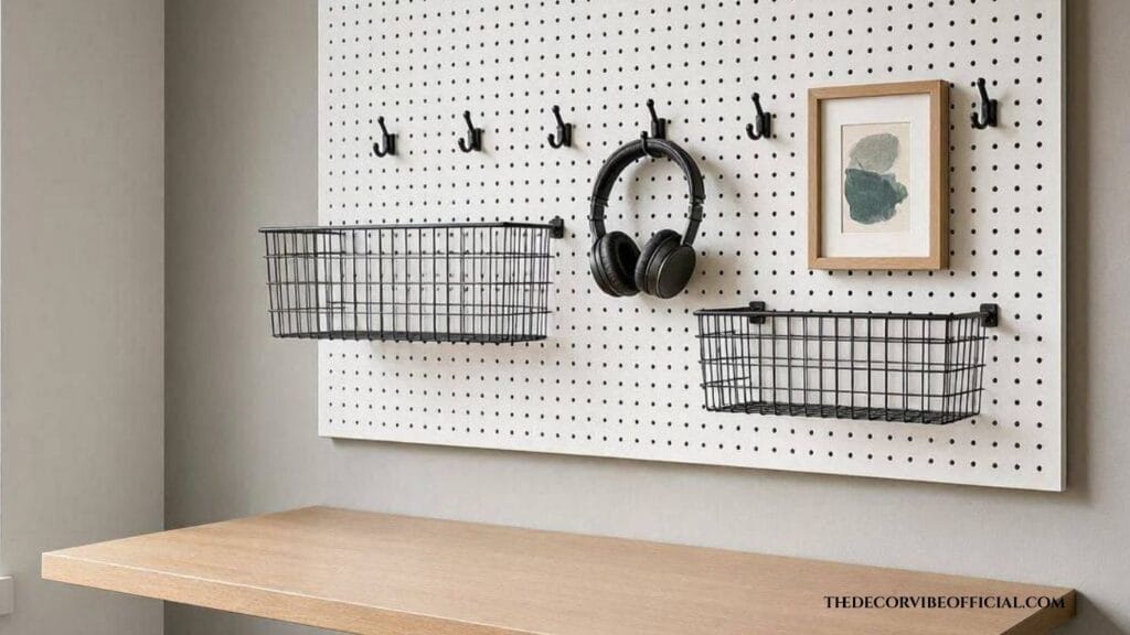 Pegboard home office wall decor idea in small corner office