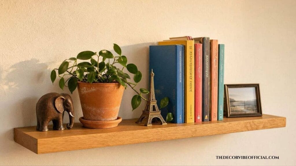 Memory shelf styling with books, plants, and travel souvenirs