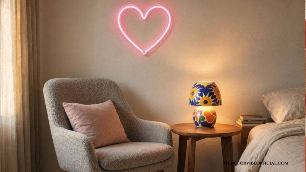 Neon sign and colorful lamp lighting in a dopamine decor bedroom