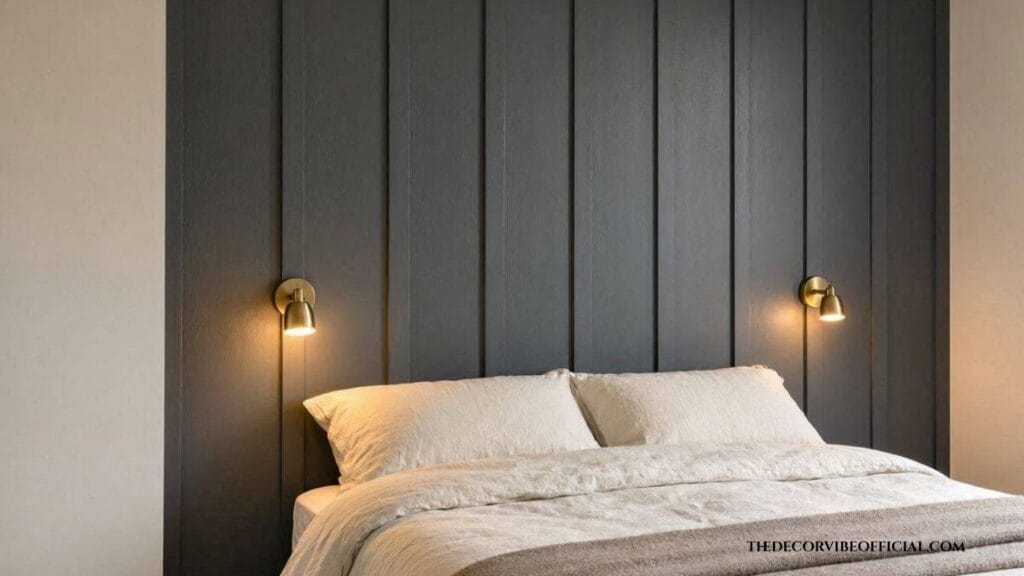 Charcoal floor-to-ceiling board and batten accent wall behind a bedroom bed