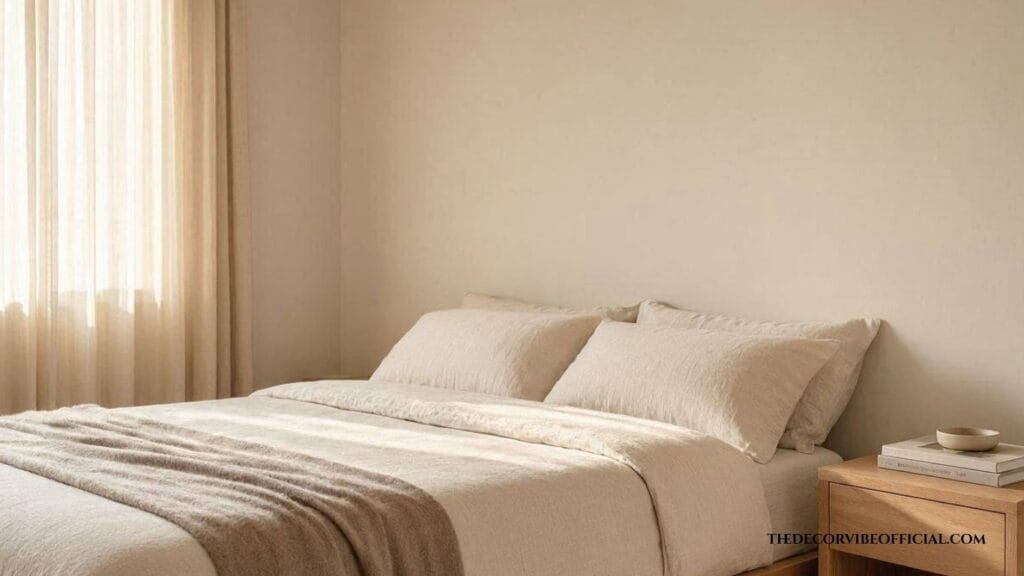 Psychology of neutral bedroom colors in a calm beige bedroom with cream linen bedding