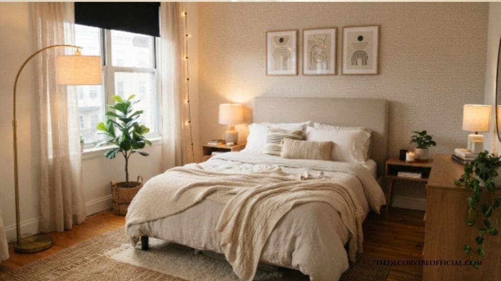 Rental beige bedroom makeover with removable decor, layered textiles, and cozy lighting