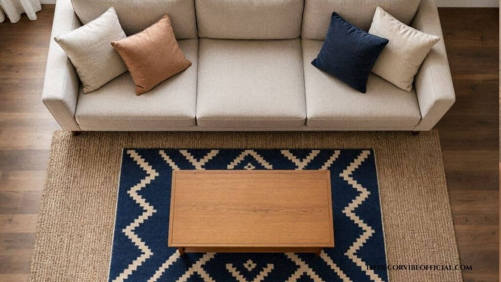 Layered jute and patterned rug in a beige sofa living room