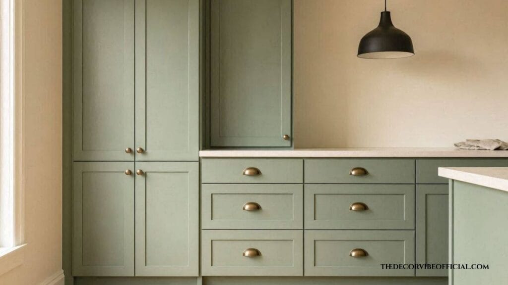 Sage green kitchen cabinets styled with brass hardware and black pendant light