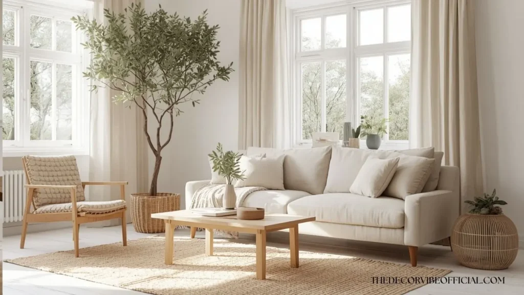 Scandinavian living room with an olive tree, neutral furniture, and warm natural lighting