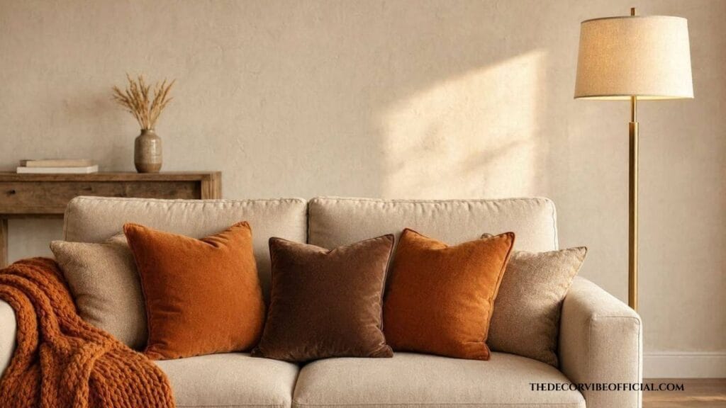 Fall seasonal styling for a beige sofa living room