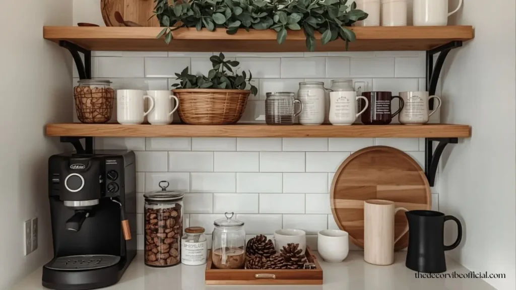 Seasonal coffee bar ideas for home featuring black accents, natural wood shelves, cozy candles, greenery, and elegant coffee station decor.
