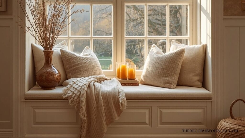 Cozy seasonal window reading nook decorated with autumn accents and warm neutral textures.