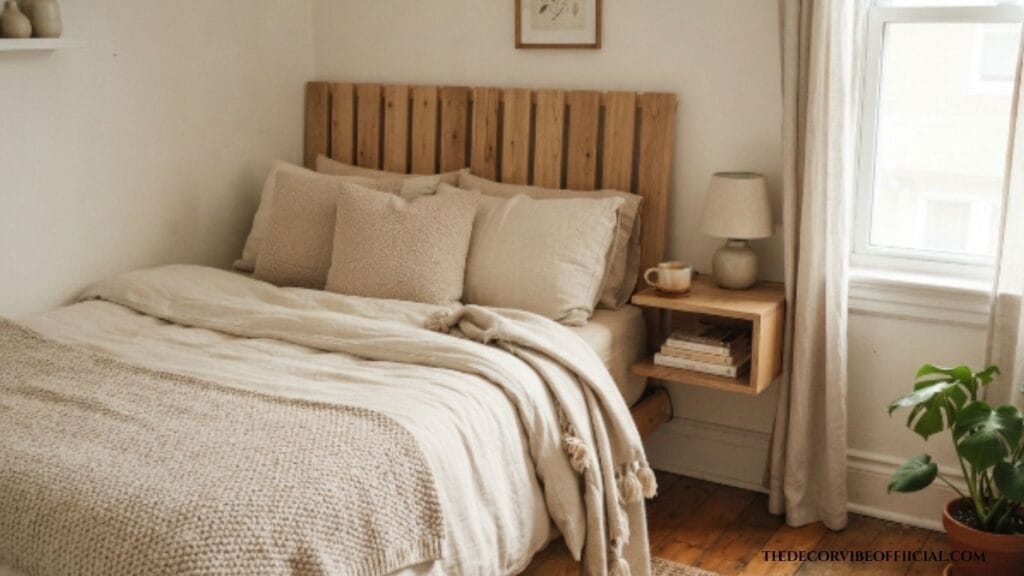  Small apartment decor ideas on a budget with a wood-slat headboard