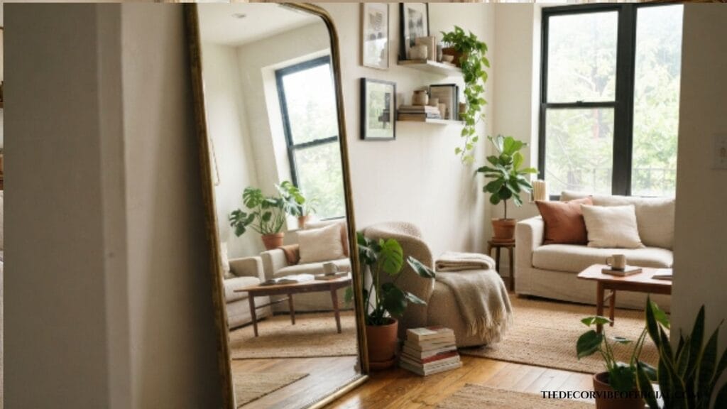  Small apartment decor ideas on a budget with a large brass-framed mirror