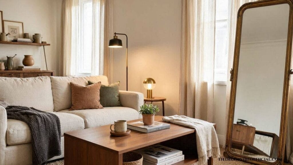Small apartment decor ideas on a budget with a leaning mirror and layered lighting