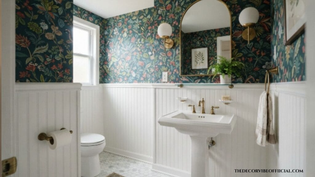 Small bathroom design ideas with bold wallpaper in a powder room
