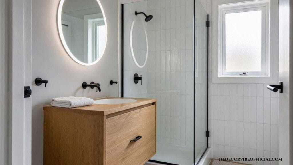 Small bathroom design ideas with vertical tile and floating oak vanity