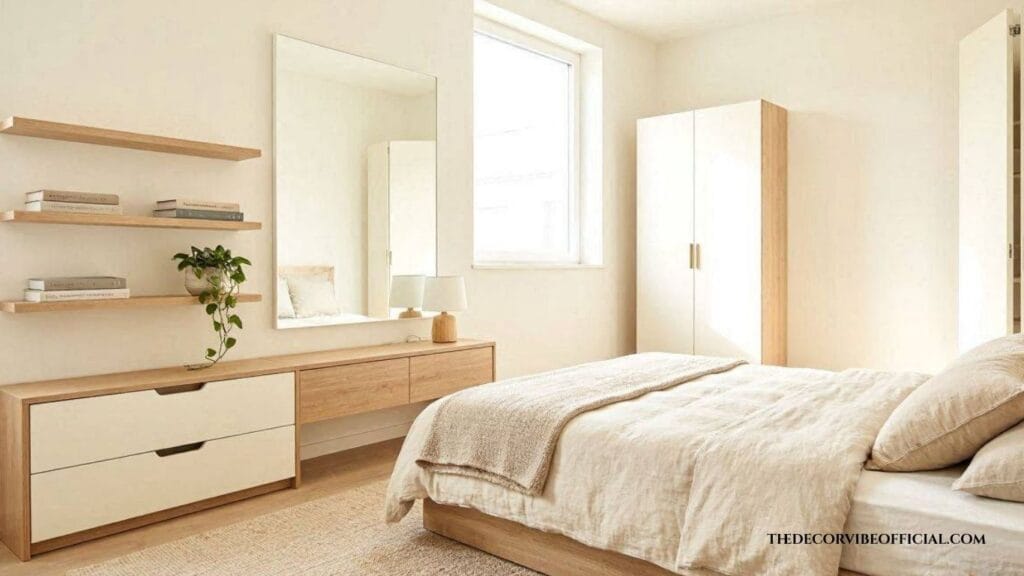 Small beige bedroom with light colors, mirror, floating shelves, and space saving furniture