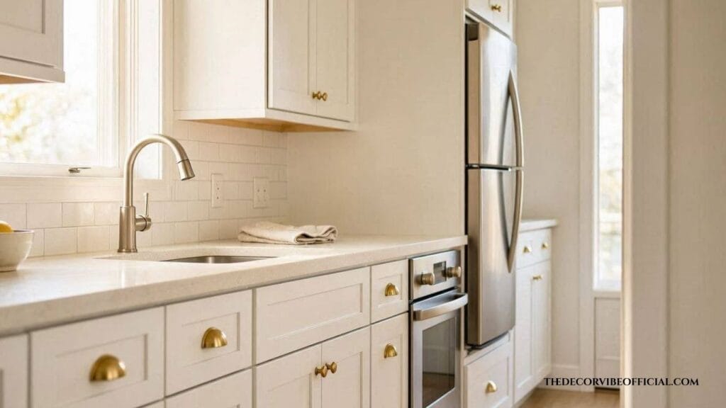 Small white galley kitchen styled with brass knobs and brushed nickel faucet