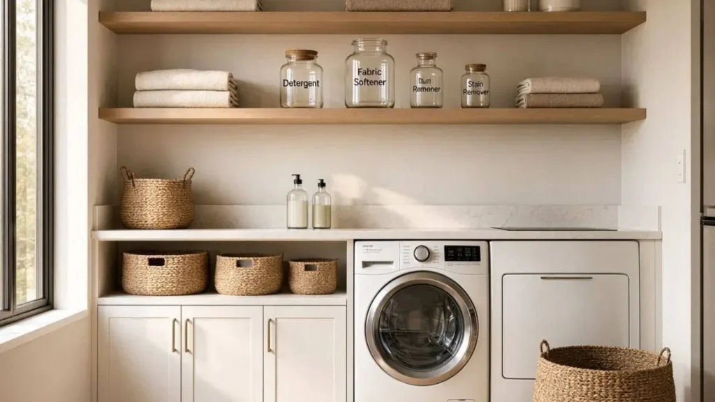 Modern small laundry room with floating wooden shelves, woven baskets, white cabinets, glass storage jars, and space-saving organization ideas.