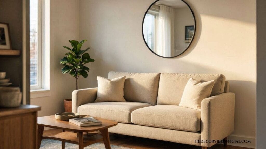Small living room layout with a beige sofa floated off the wall