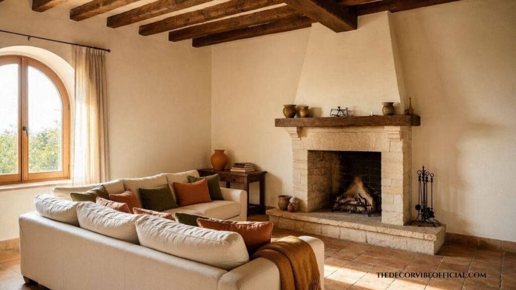 Tuscan living room ideas with stone fireplace and wood beam ceiling