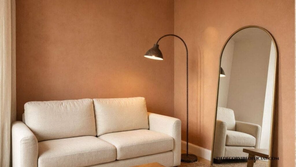 Small apartment Tuscan living room idea with arched mirror