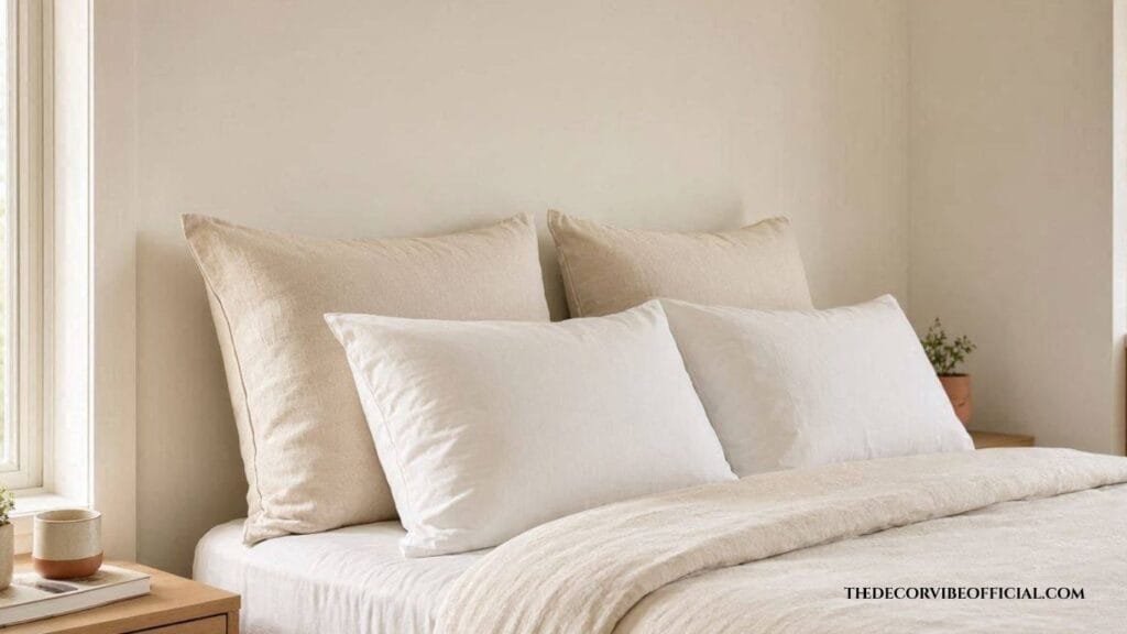 Two euro shams and two sleeping pillows styled on a small studio apartment bed