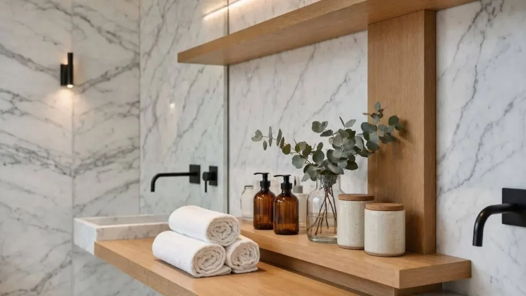 Luxury black and white bathroom with open shelves styled like a boutique spa.